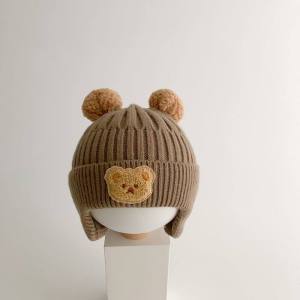 Gấu phim hoạt hình mới Mũ trẻ em dễ thương Pompom Nam Nữ bảo vệ tai Beanies cap mùa đông Hàn Quốc ấm dệt kim Toddler nắp ca-pô Mũ trẻ em