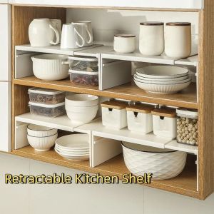 OKDEALS01 Adjustable Retractable Kitchen Shelf Non-slip Plastic Dish Shelf Makeup Storage Rack Minimalist Seasoning Bottle Storage Rack for Kitchen