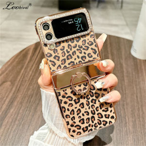 Glitter Diamond Ring Holder Leopard Print Case for Samsung Galaxy Z Flip 6 5 4 3 ZFlip Bracket Stand Plating Shockproof Cover