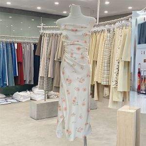 sleeveless midi pink dress with slit halter backless summer beach floral dress plus size 2XL dress merah muda bunga bunga wanita pantai seksi korean style Tanpa lengan