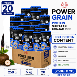 Power Grain Premium Dry Protein Shirataki Konjac Rice 5KG (20 x 250g) | Pack of 20 with Box | High Protein Low Calorie Low Carb Keto Friendly FDA approved