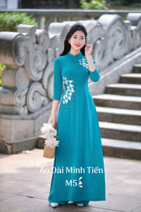 Áo Dài Lụa Mỹ Cao Cấp Họa Tiết Thêu Và May Thủ Công Tỉ Mỉ Từng Áo- Mã M5 Màu Xanh Ngọc