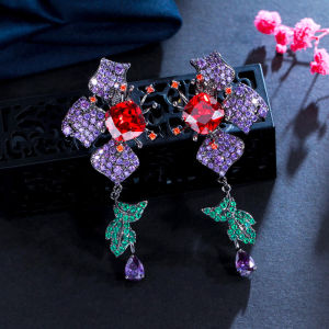 SEQUITO Designer Micro Tiny Purple Cubic Zircon Pave Square Red Stone Black Gold Plated Symmetric Butterfly Dangle Wedding Party Long Earrings for Women SE611