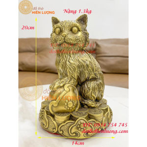 Tượng mèo bằng đồng phong thủy ngồi gậy như ý bệ tròn cao 20cm nặng 13kg