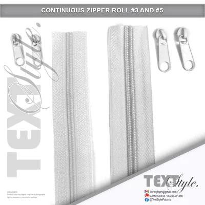 Textstyle White Nylon Continuous Zipper & Slider #3 & #5 for Sewing - Sold Per Meter and Per Piece