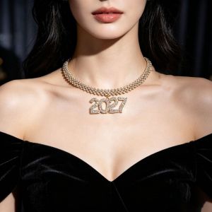 PENTU Elegant 2027 Digital Necklace Rhinestone Number Pendant Collarbone Chain Choker Trendy Jewelry Luxurious Happy New Year Necklace Men Women