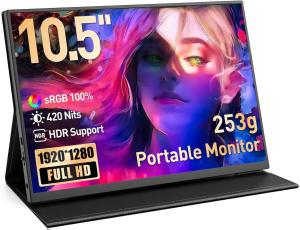 ZSCMALL Portable Monitor 10.5" HDR 1280P Ultra-Thin 100% sRGB Travel Portable Monitor for Laptop 420 Nits Mini Secondary Display with Protective Case & Speaker Monitors for Laptop PC Mac Phone PS4/5 Xbox