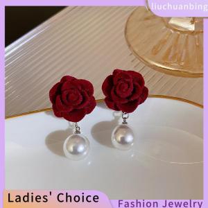 [COD] liuchuanbing Jewellery ต่างหูมุกสีแดงดอกกุหลาบสีไวน์แบบย้อนยุคตุ้มหูสำหรับงานแต่งงานต่างหูเครื่องประดับตรุษจีน