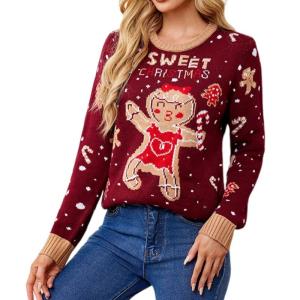 Festival Gingerbreads Man Ugly Christmas Sweater with Colorful LED Lights for Women Holiday Long Sleeve Jumper Pullover