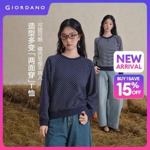 Giordano Women Reversible polka dot & stripe raglan sleeve tee Free Shipping 18326231