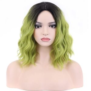 NO4 PANDA Shoulder Length Black Green Gradient Wig Synthetic Explosive Top Dye Water Ripple Curly Hair Full Head Cover Natural Halloween Cosplay Wig For Women