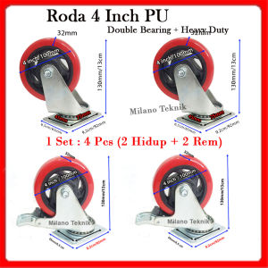 Roda 4 inchi PU (1set:4pcs 2Hidup+2Hrem)+Double bearing Troli Heavy Duty taiwan