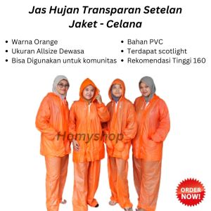 Jas Hujan Dewasa Jaket Celana Transparan Warna Orange Mantel Pria Wanita Bisa Digunakan Untuk Seragam Komunitas / Perusahaan