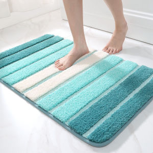 Simple Striped Bathroom Anti-Slip Floor Mat TPE-Backing Polyester Fiber Carpet Door Mat Entrance Soft Non-Slip Foot Cushion Toilet Shower Room Absorbent Foot Pad Extra-Thick Plush Rugs