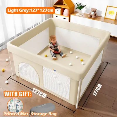 Foldable Playpen For Baby No Installation Thicken Steel Waterproof Material Stowable Storag Bag with Printed Mat