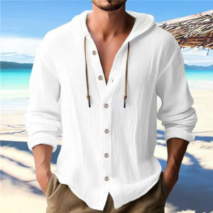 Summer Mens Cotton Linen Shirt Solid Streetwear Long Sleeve Hoodie Clothing For Men Button Tops Casual Loose Men Hooded Shirt