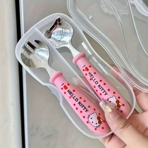 THTZI with Box Cartoon Cat Fork and Spoon Set Pink Rust-proof Flatware Set Portable Stainless Steel Kids Cutlery Set Outdoor