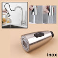 Đầu vòi inox thay thế cho vòi bồn rửa chén dây tự rút có nút chuyển chế độ nước. 