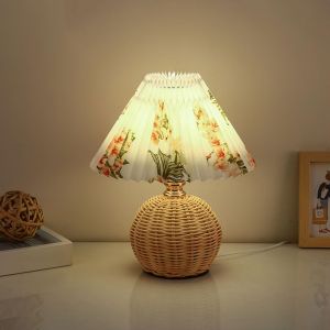Nordic Rattan Fabric Table Lamp with Remote Control - Dimmable Vintage Night Stand Light for Bedroom Living Room and Office