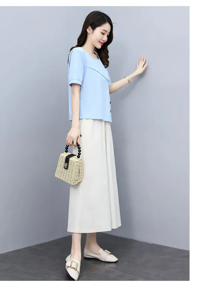 Women Fashion Casual Set Wear Loose Suit Korean Version of The Summer  Blouse + Elastic Waist Wide-leg Pants Long Pants Female M-4XL