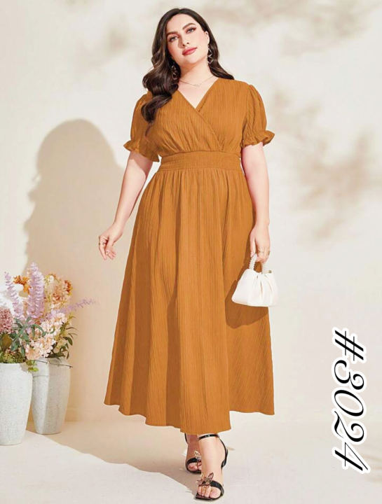 MNL Fashion Plus Size Casual Solid Color V-Neck Style Midi Dress