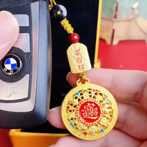 黄财神八宝罗盘钥匙扣 Yellow God of Wealth Braided Rope Pendant Keychain Pendant Yellow God of Wealth Eight Treasures Handmade Braided Rope Pendant Compass Necklace Pendant