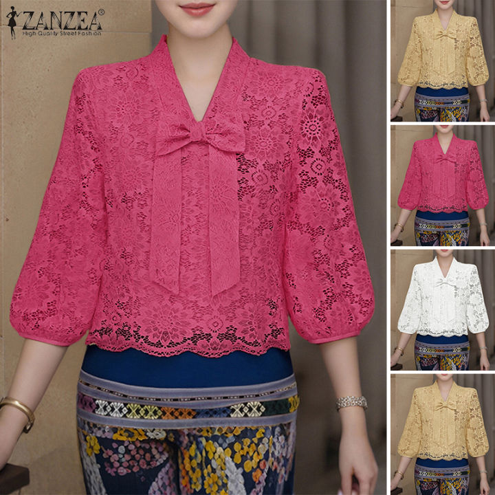 ZANZEA%20Korean%20Style%20Women%20Trendy%20Bowknot%20Lace%20Patchwork%20Blouses%203/4%20Sleeve%20V-Neck%20Plain%20OL%20Top%20#0922%20-%20Image%204
