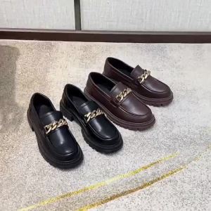 New Thick-Sole Loafers Shoes for Women Girls Black School Shoes for Students with Metal Chain Shoes