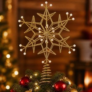 GJ56 Shimmering Snowflake Tree Topper Iron Pearl Accent Christmas Topper Decor Festive Accessory Hollow Out Tree Top Decoration Christmas Scene