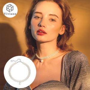 Viviann Original S925 Silver Button Baby Pearl Large Size Pearl Necklace Sweater Chain Collar Neckchain Vintage Style Simple Pearl Chain Choker Necklace For Women Wedding Love Pendant Necklace Fashion Jewelry Wholesale