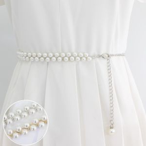 NOBLELYN Boho Pearl Waist Chain Thin Adjustable Pearl Pendant Belt Elegant Belly Chain Belt Women Dress Decoration