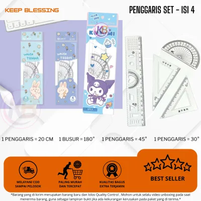 Penggaris Set 4IN1 20Cm - Penggaris Anak Sekolah - Ruller Set Transparant - Cod - Keep Blessing