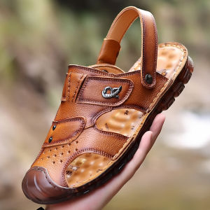 Summer New Mens Leather Sandals Dual-Use Genuine Leather Handmade Closed Toe Sandals Mens Non-Slip Soft Bottom Beach Shoes Sandals Fashion