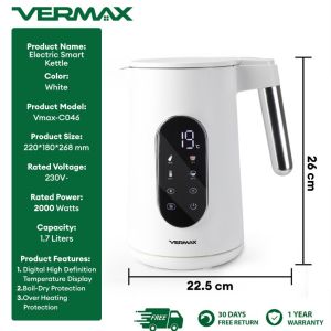 Vermax Smart Electric Kettle 2000W Double layer stainless Electric Kettle With Digital Display 1.7L Silent