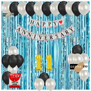 Set Dekorasi Pesta Balon Putih Mix Ulang Tahun Pernikahan Banner Happy Anniversary Putih Tirai Biru