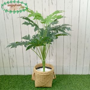 Pohon Hias Artificial Papaya Leaf X12 Semi Latex Pot Dasar Hitam Cover Anyaman Purun Handle Dekorasi