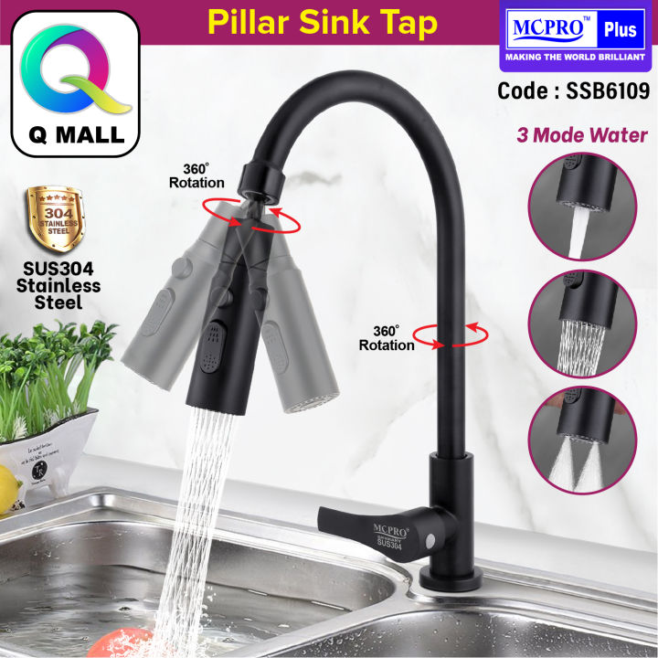 MCPRO SUS304 Stainless Steel Kitchen Faucet BLACK Pillar Sink Water Tap ...