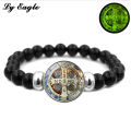 Holy Light Saint Benedict Medal Bless Luminous Bracelet Versatile Black Elastic Beaded Glow Catholic CSPB Bracelet （CRUX S PATRIS BENEDICTI）. 