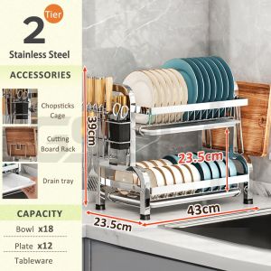 GSlife 2/3Tier Dish Rack Stainless Steel 304 Rack Pinggan Mangkuk Kitchen Dish Rack Dish Drainer Rack Storage Rack Rak Pinggan Mangkuk Besi Anti Karat碗碟置物架