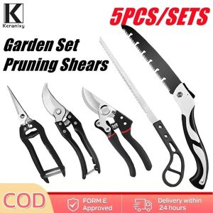 Keranixy 5PCS Garden Pruning Shears Set Scissors Shears Saw Tools for Cutting Flowers Trimming Plants HL