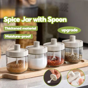300ML Glass Seasoning Bottle Kitchen Condiments Dispenser Spice Jar with Spoon for Salt Sugar Pepper