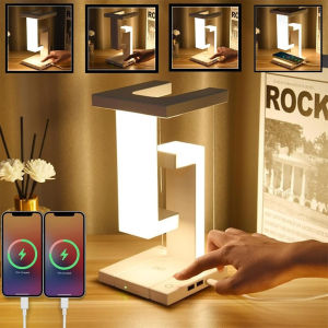 Magnetic Levitating Desk Lamp Wireless Phone Charger Tensegrity Floating LED Night Light Stepless Dimmable Touch Control Bedside Table Lamp Modern Room Decor Lighting