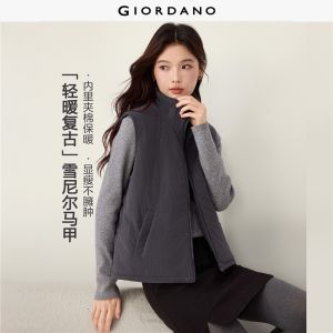 GIORDANO Women Vests Chenille Stand Collar Puffer Vests Zip Front Fashionable Casual Warm Padded Vests 13376709