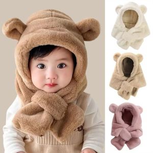 MYCOLOR ขนเฟอร์เทียม หมวกตุ๊กตาหมีสำหรับเด็ก นุ่มอบอุ่น ฤดูหนาวในฤดูหนาว หมวกป้องกันหู น่ารักน่ารักๆ กันลม ผ้าพันคอหมวกชิ้นเดียว เด็กๆเด็กๆ
