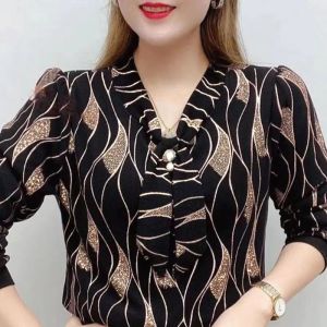 Moms Long Sleeve Elegant Style V-Neck Middle-aged Womens Printed Loose Top