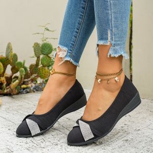 Free Shipping New Plus-Size Fashion Round-Toe Suede Wedge Heel Pumps For Women Featuring Rhinestone Embellishments And A Shallow Opening Slip-On Style Perfect For Moms