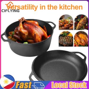 【Arrive In 1-3 Days】 Versatile Cast Iron Dutch Oven with Skillet Lid for Bread Roasting and Frying Durable Black Finish for Indoor and Outdoor Use