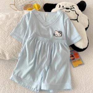 2Pcs Women Pajama Suit Sanrio Anime Hello Kitty Short Sleeve Shorts Summer Kawaii Cotton Home Clothes Girls Student Loungewear