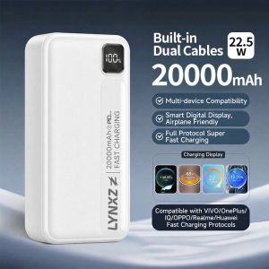 LYNXZ Powerbank 20000mAh Built‑in Dual Cable PD 20W 22.5W Fast Charging LED Digital Display Portable Power Bank Support Flight For iPhone Android