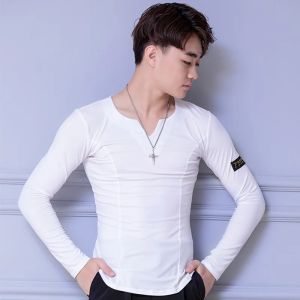Latin Dance Shirt Mens Cotton Crystal Long Sleeve V Neck Practice Male Ballroom Cha Dance Samba Clothing Dancewear DN9370